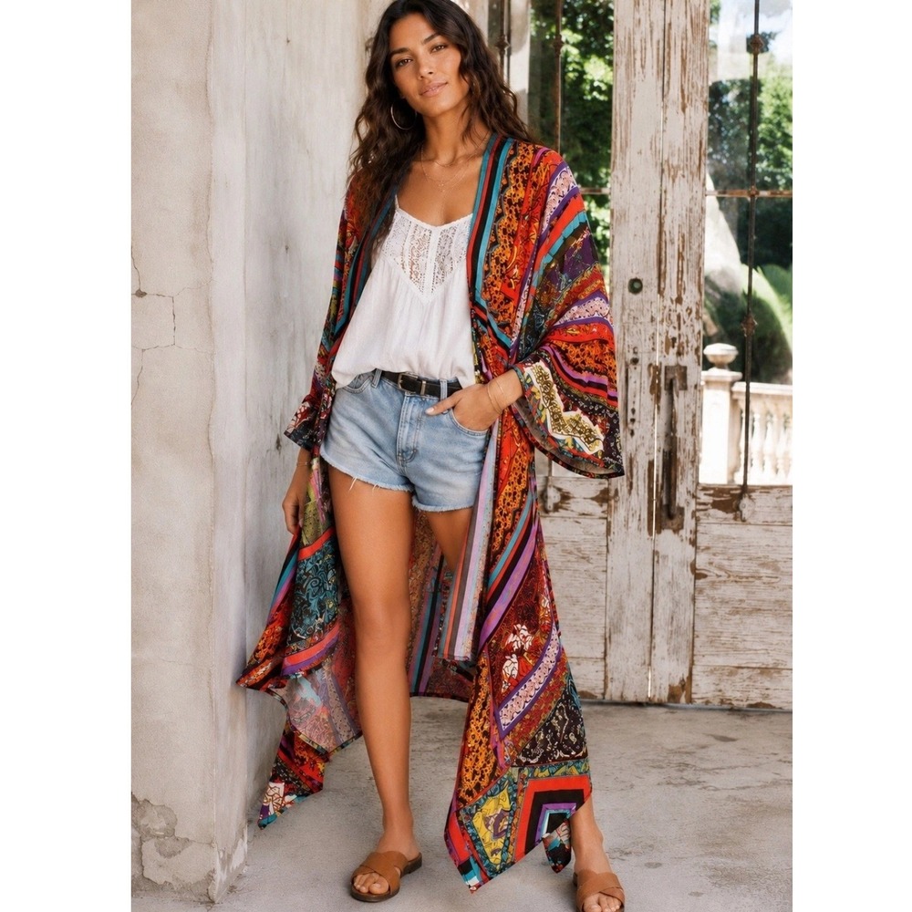 Free People Patchwork Print Maxi Dress Button Front Bell Sleeve Boho Womens S
